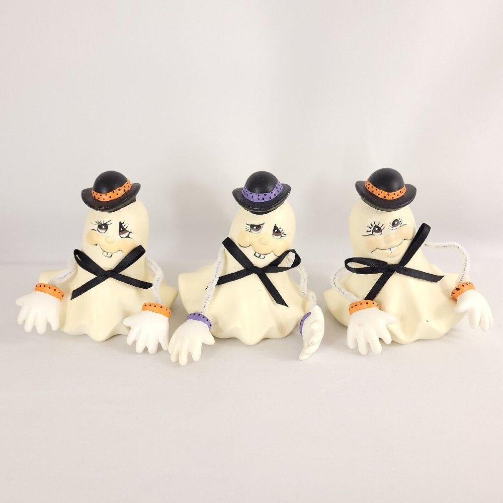 Set Of 3 Handmade Hand Painted Ceramic Friendly Ghosts, Halloween Table Decor